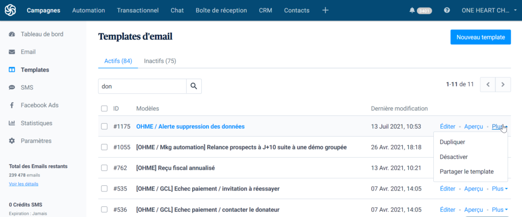 Voici les templates d'emails sur Sendinblue pour automatiser la communication.