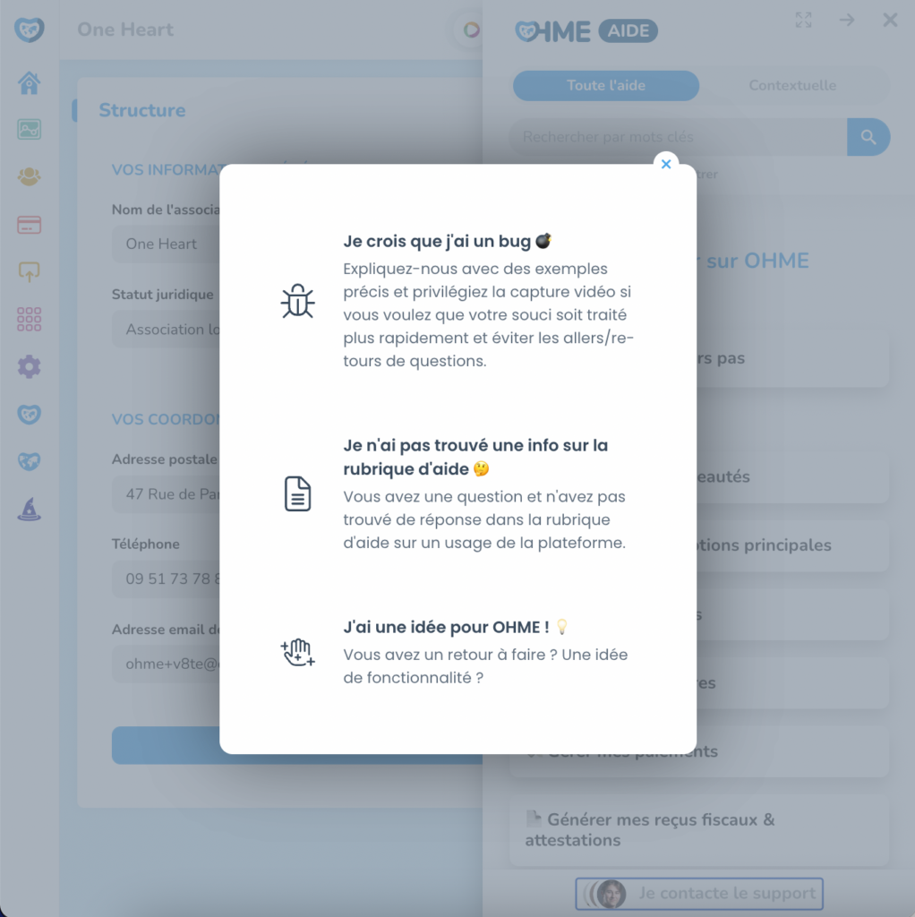 Image lorsqu'un utilisateur clique sur "Je contacte le support" sur OHME